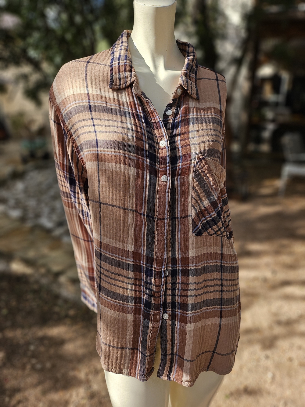 aerie Brown, Tan and Navy Plaid Soft Knit Button-Up Blouse XL